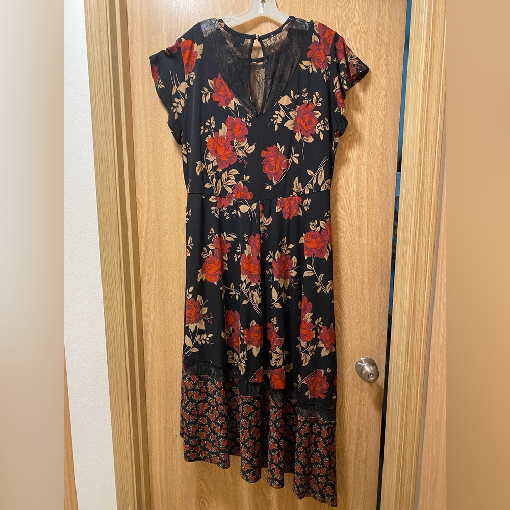 Torrid Black Dress with Red/Orange Floral Design